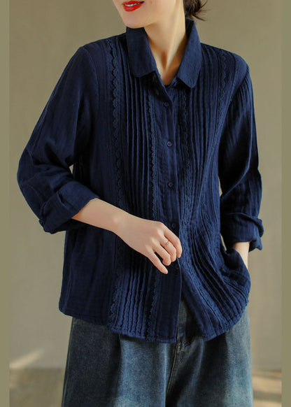 French Tibetan Blue Button Peter Pan Collar Lace Patchwork Cotton Shirt Tops Spring