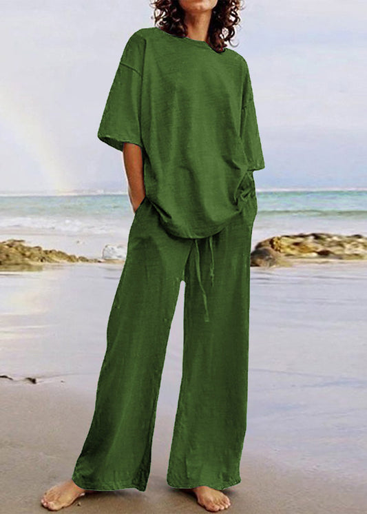 Army Green Patchwork T Shirts and Wide Leg Pants Two Piece Set Short Sleeve