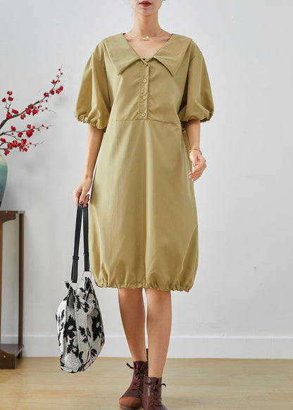 Khaki V Neck Oversized Cotton Mid Dress Lantern Sleeve
