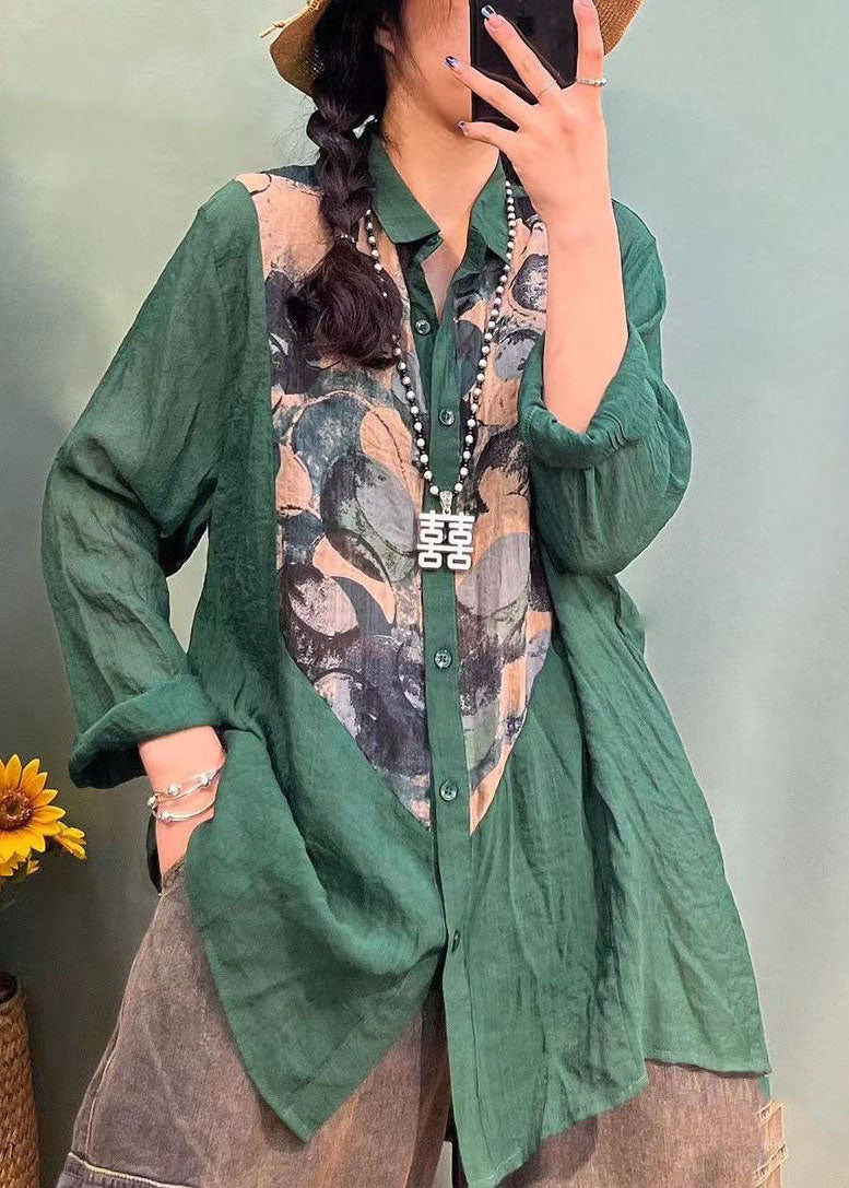 Style Orange Button Peter Pan Collar Print Patchwork Shirt Spring