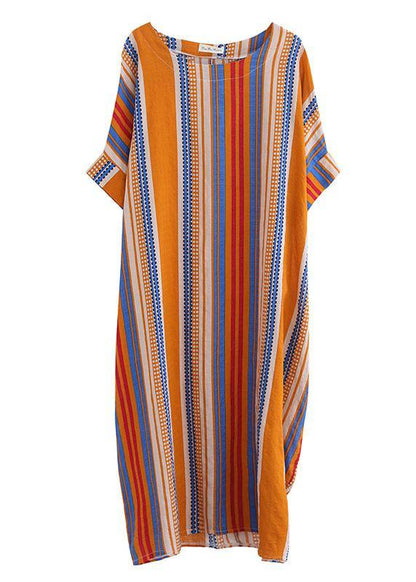 Orange Cashews O-neck Striped Summer Cotton Maxi Dresses
