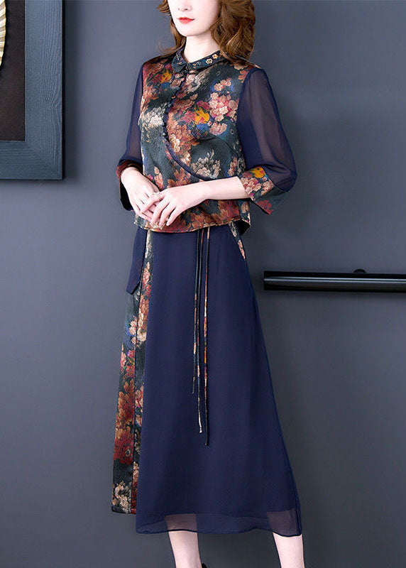 Modern Blue Patchwork Print Silk Tops and Skirts Outfits Summer