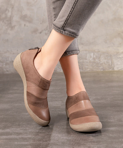 Khaki Cowhide Splicing Leather High Wedge Heels Shoes