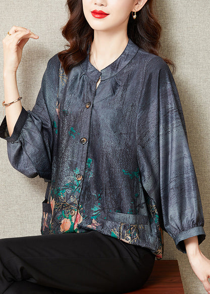 Blue Stand Collar Print Button Silk Tops Long Sleeve