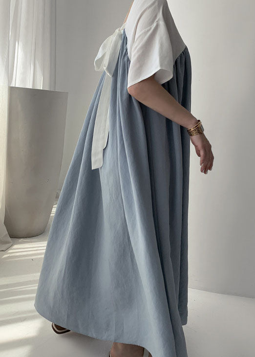 Blue Robe Dresses Cinched Wrinkled Short Sleeve