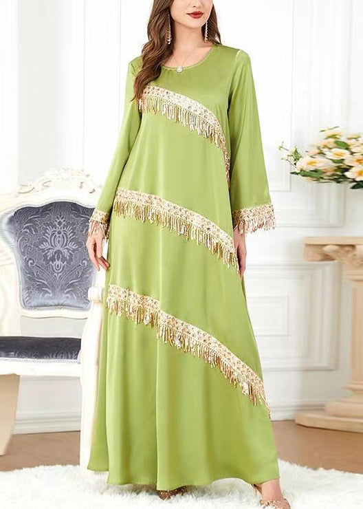 New Green O-neck Tasseled Cotton Long Dress Spring