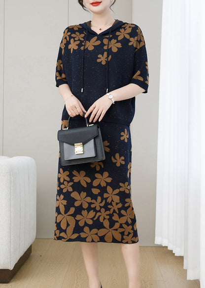 Coffee Jacquard Hooded Patchwork Knit Two Pieces Set Fall