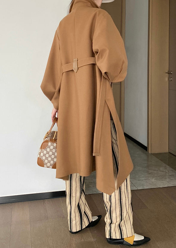 Khaki Button Tie Waist Patchwork Woolen Trench Coats Lantern Sleeve