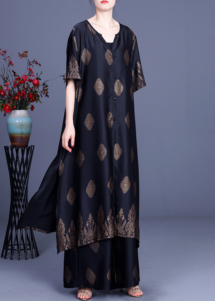 Black Side Open V Neck Silk Long Top and Pants Two Piece Set Outfits Summer