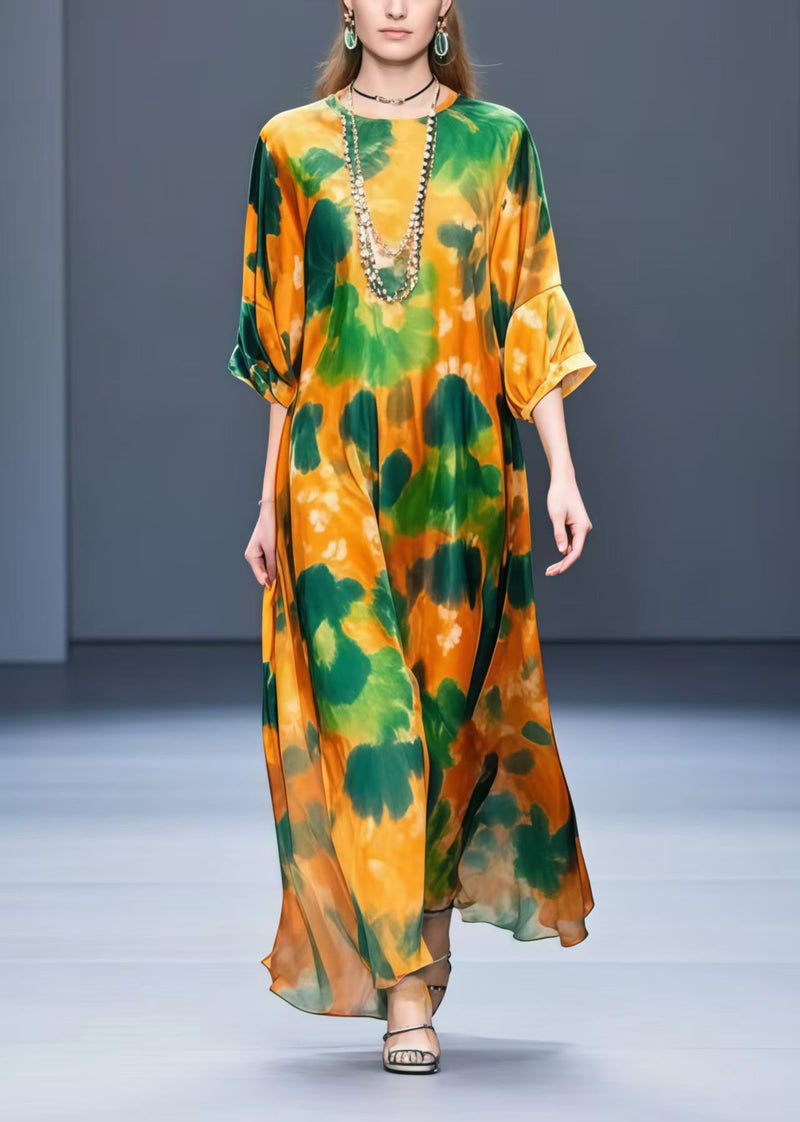 Orange Oversized Leaf Print Chiffon Dress Half Sleeve