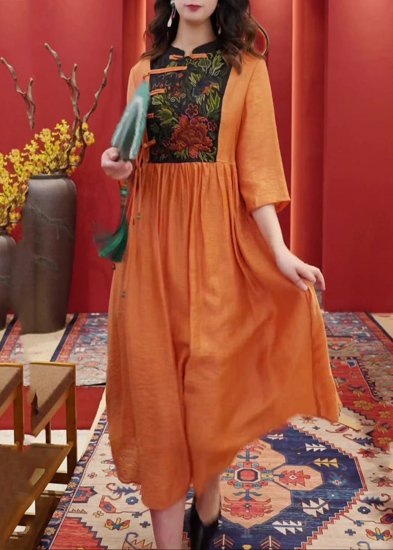 Orange Embroidered Button Cotton Dresses Half Sleeve