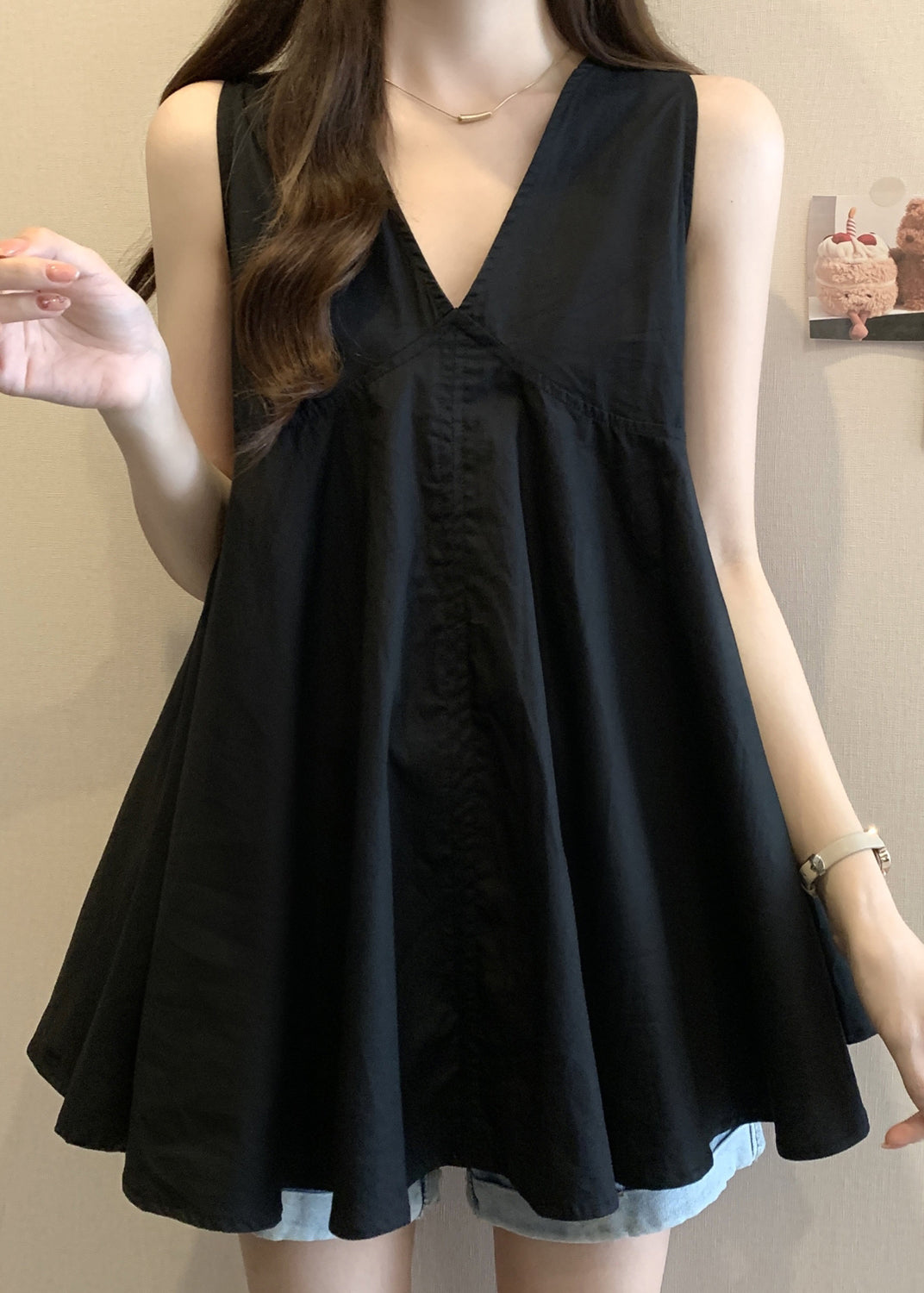 Black V Neck Patchwork Top Summer