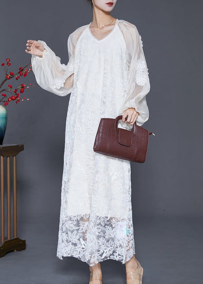 French White Stereoscopic Lace Long Dresses Fall