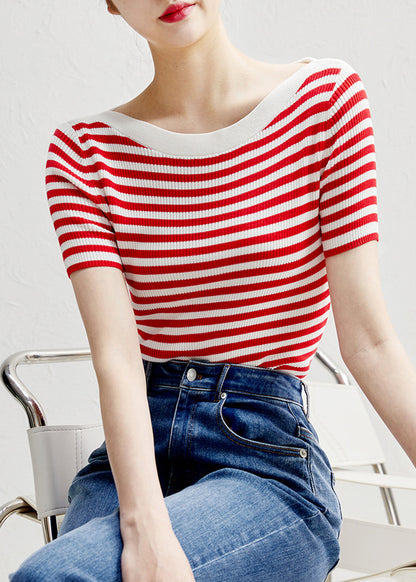 Slim Fit Red Striped O-neck Silk Knit T Shirts Sleeve