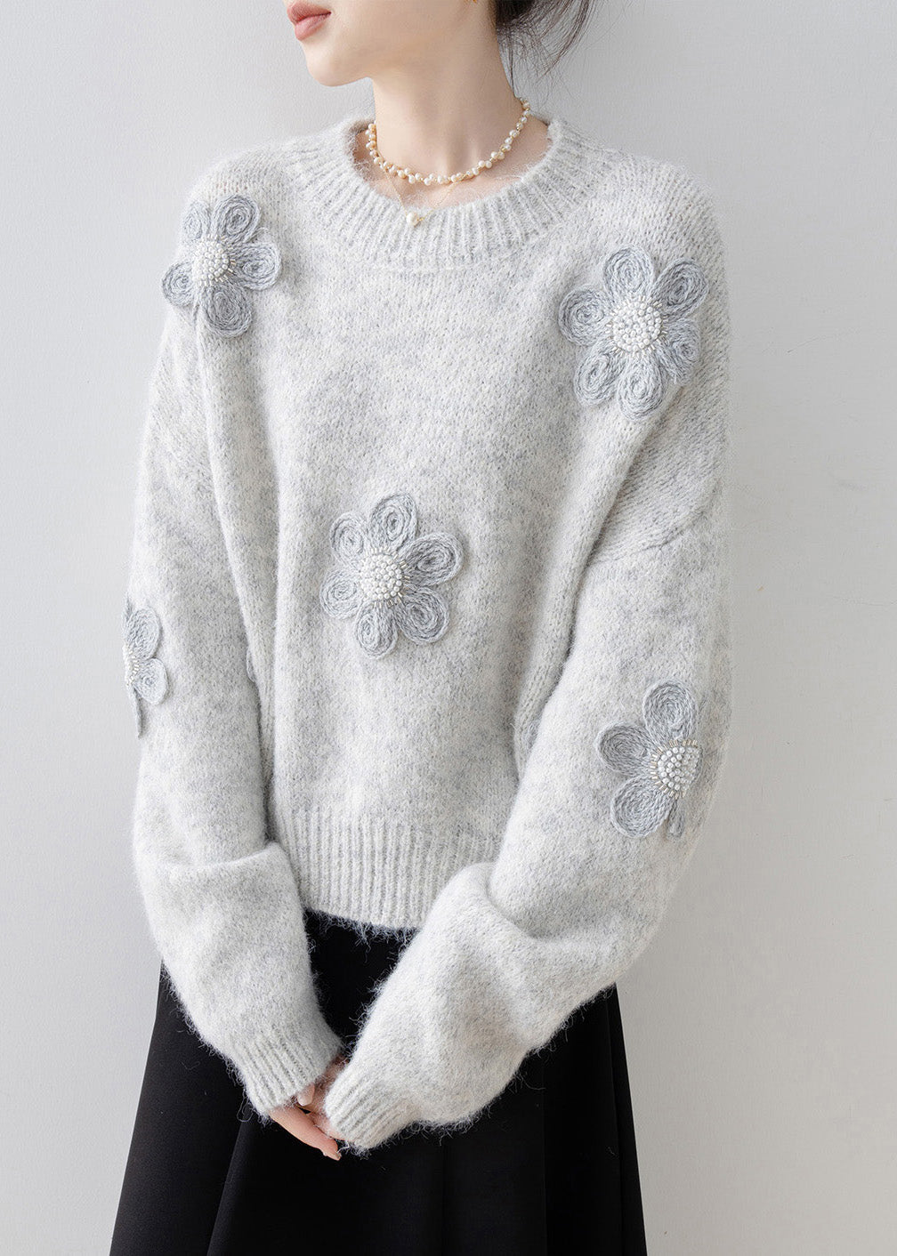 Boutique Grey O Neck Nail Bead Knit Sweater Tops Spring