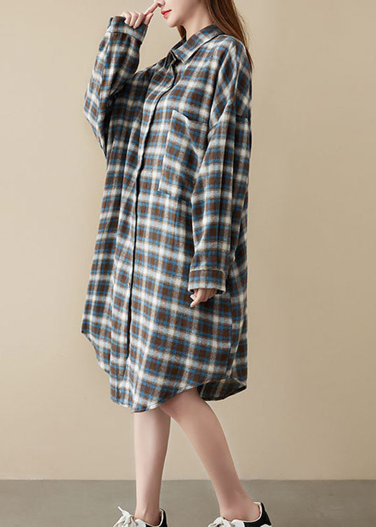 Diy Blue Plaid Peter Pan Collar Button Pockets Fall Long Sleeve Blouse Dresses