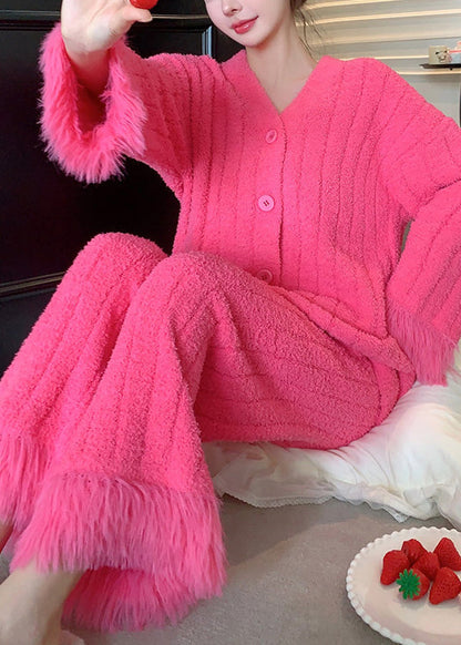 Warm Rose V Neck Button Fluffy Pajamas Two Pieces Set Winter