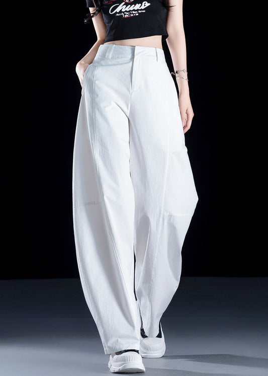 New White Pockets High Waist Cotton Pants Fall