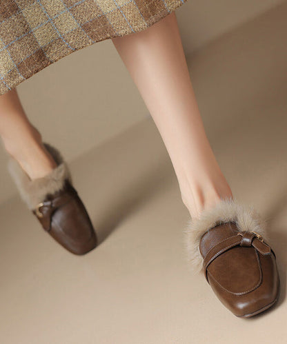 Brown Cowhide Leather Slippers Shoes Splicing Fuzzy Wool Lined