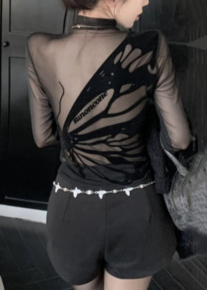 Black Turtleneck Tulle Patchwork T Shirt Long Sleeve