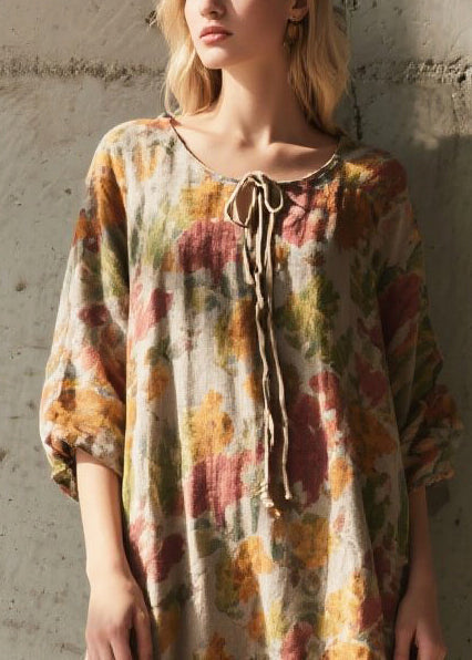 Khaki Tie Neck Print Cotton Holiday Dress Summer