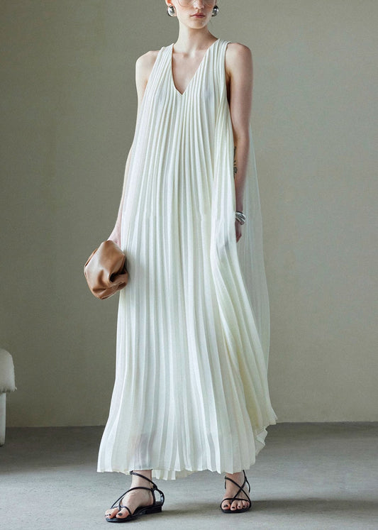 Italian White V Neck Wrinkled Chiffon Maxi Dresses Sleeveless