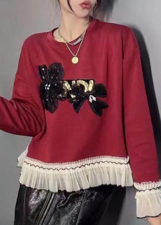 New White Nail Bead Patchwork Cotton Sweatshirts Flare Sleeve Spring