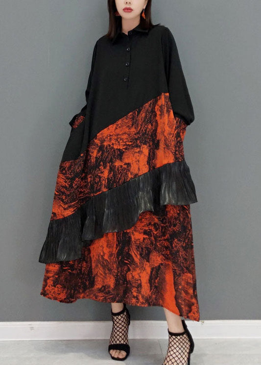 Art Red Peter Pan Collar Print Patchwork Vacation Dresses Spring