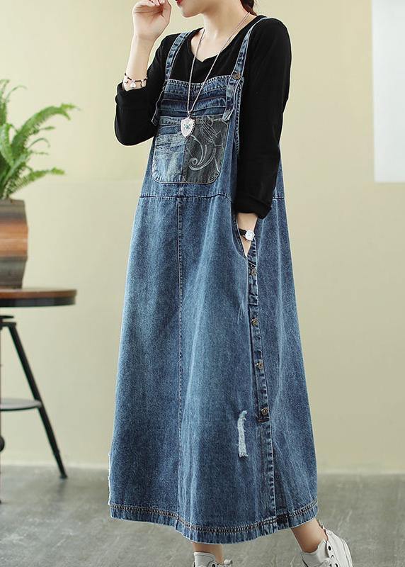Vivid Denim Blue Tunic Dress Slash Neck Hole Maxi Dress