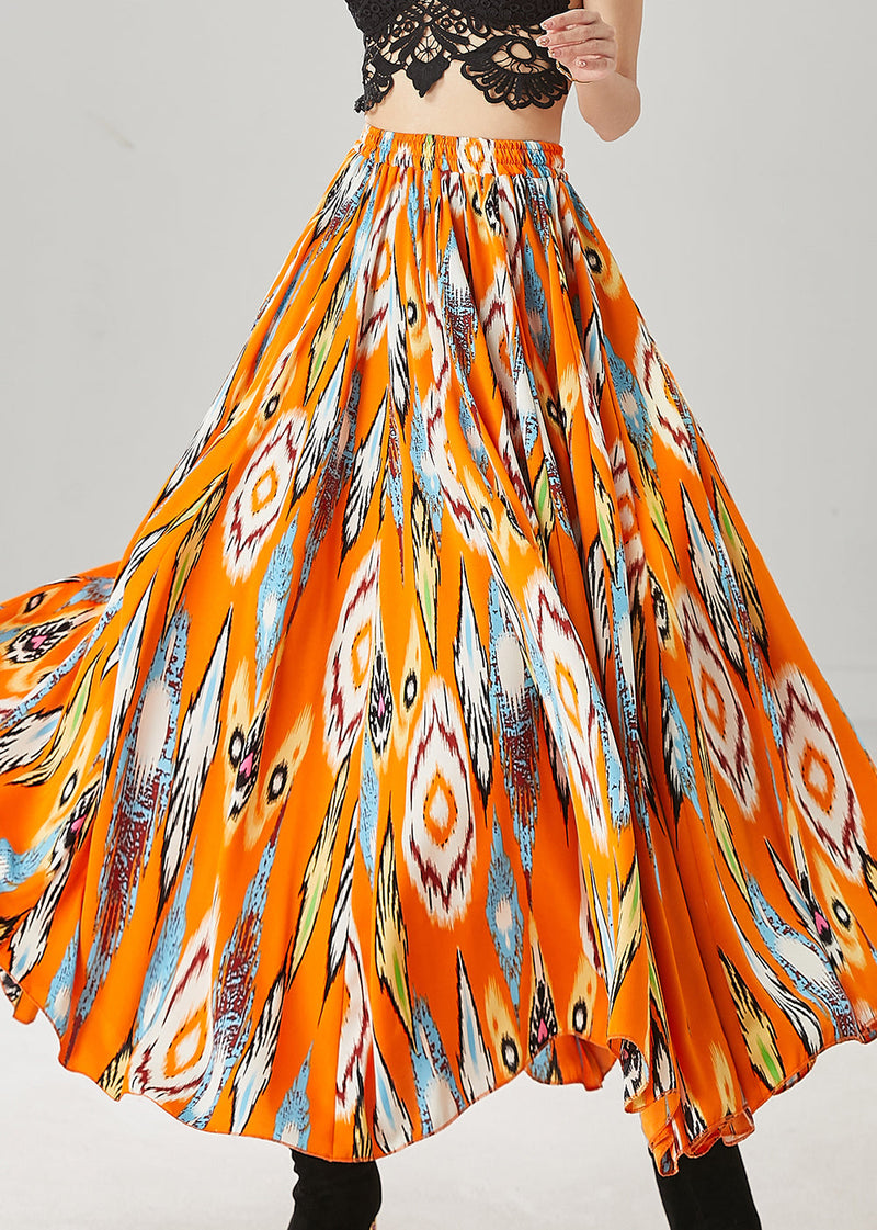 Orange Elastic Waist Print Chiffon Skirt Spring