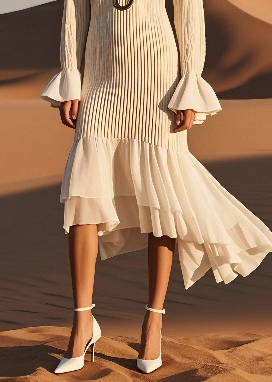Classy V Neck Wrinkled Patchwork Knit Sweater Dress Spring