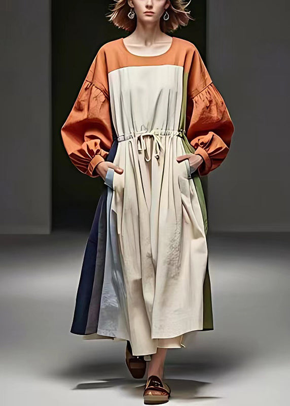 Colorblock Cinched Patchwork Cotton Vacation Dresses Puff Sleeve