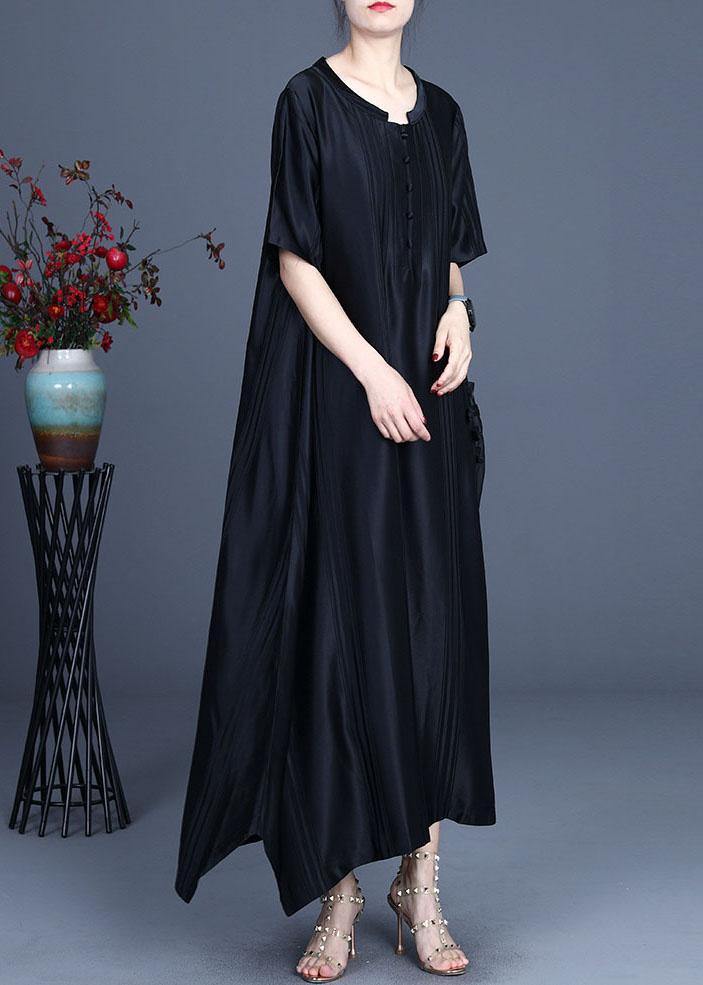 Chocolate Button Design Pockets Summer Silk Ankle Dress