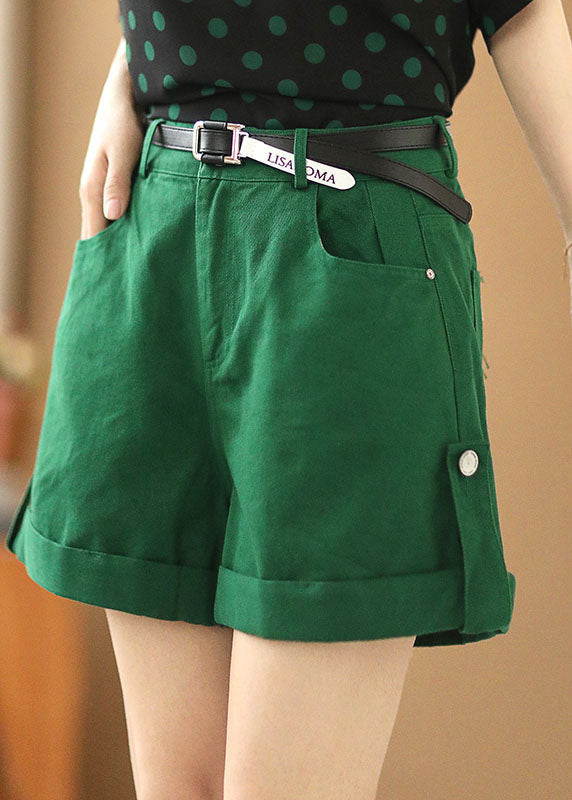 Slim Fit Green Color High Waist Pockets Sashes Cotton Shorts Summer