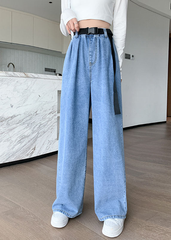 Blue Original Design Elastic Waist Pockets Cotton Denim Wide Leg Pants Summer