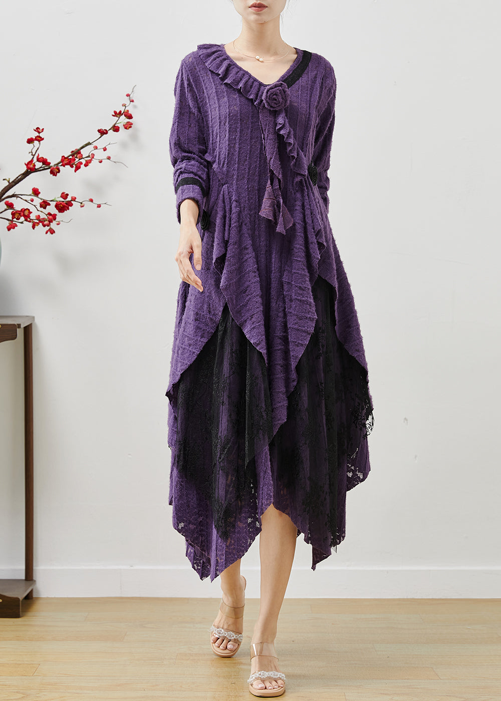 Lavender Asymmetrical Cotton Long Dresses Fall