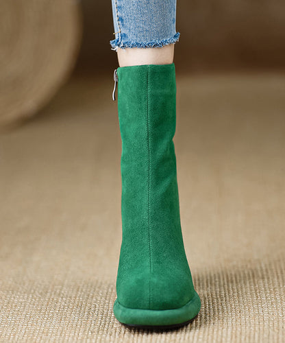Zippered Chunky Heel Boots Grass Green Suede
