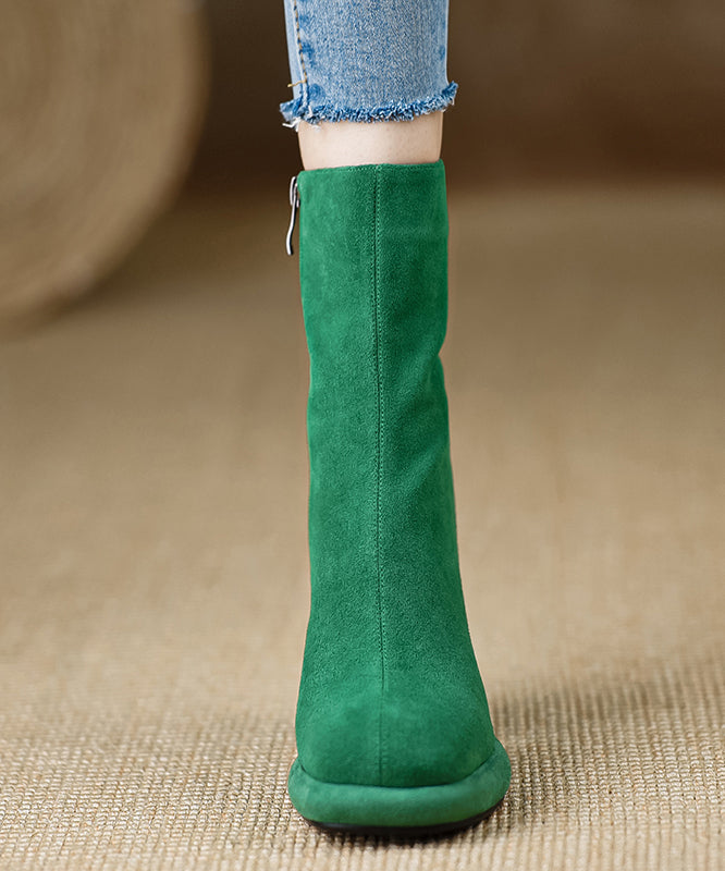Zippered Chunky Heel Boots Grass Green Suede