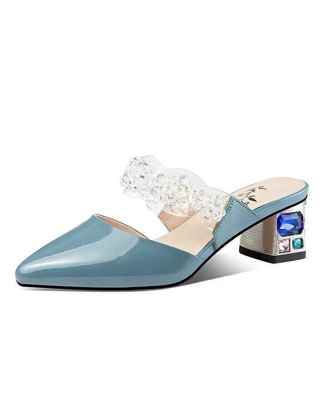 Crystal Flower Splicing Chunky Blue Cowhide Leather