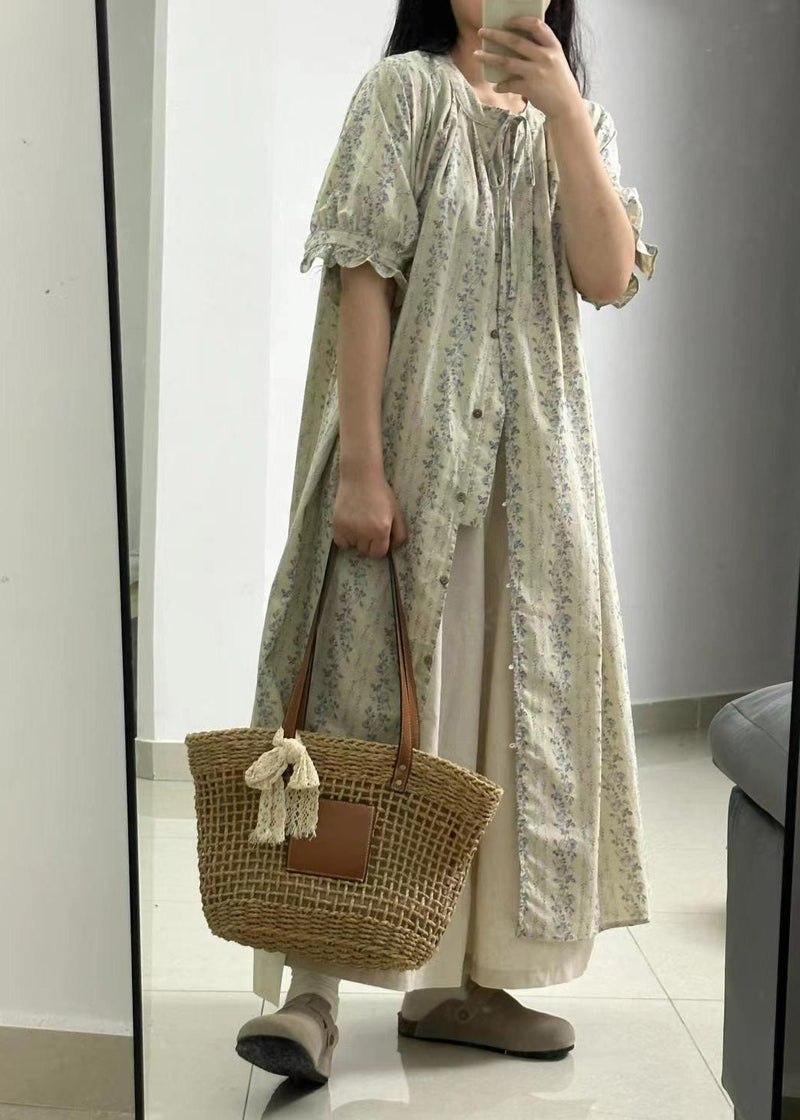 Light Green Print Button Long Shirts Dress and Skirts Two Piece Set Short Sleeve