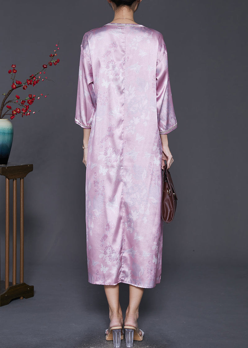 Purple Jacquard Oriental Silk Maxi Dresses Bracelet Sleeve