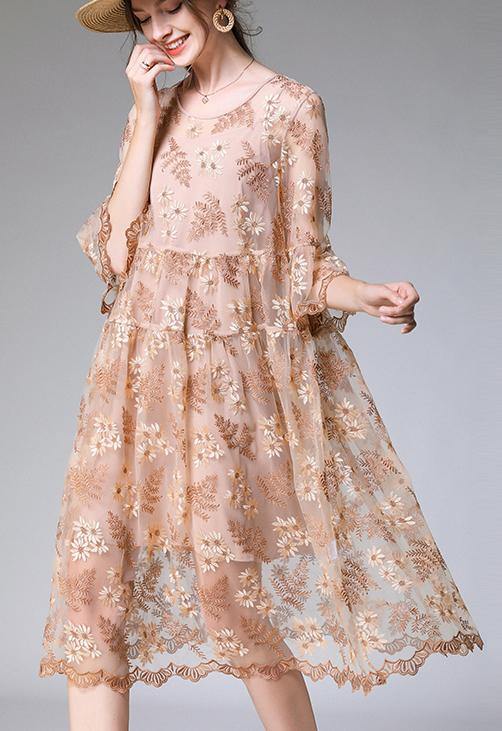 Beige Embroidery O-neck Summer Holiday Dress