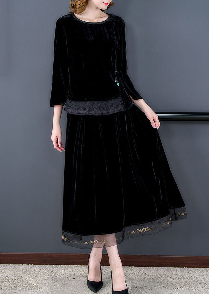Art Black O-neck Tulle Patchwork Silk Velour Top and Maxi Skirts Two Pieces Set Long Sleeve