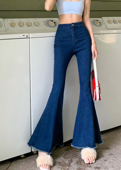 Navy High Waist Button Flared Trousers