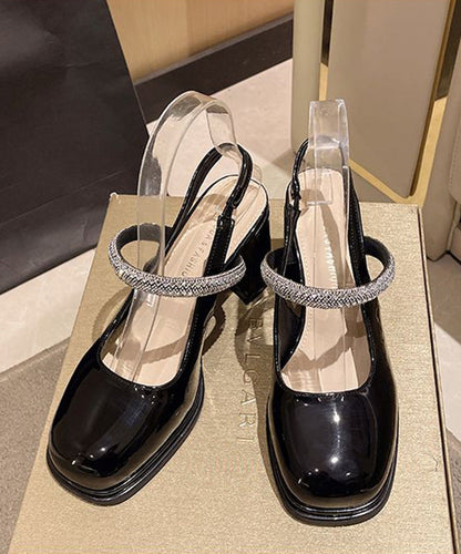 Black Cowhide Leather Cross Strap Chunky High Heels