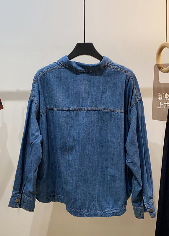Classy Navy Oversized Pockets Denim Coats Summer