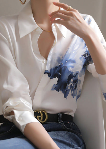 Fine White Peter Pan Collar Print Button Silk Shirt Long Sleeve