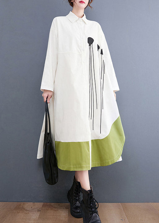 White Print Pocket Shirt Long Dresses Asymmetrical Design Long Sleeve