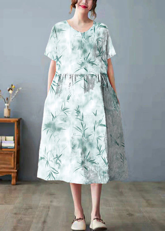 White Bamboo Pockets Print O Neck Dress