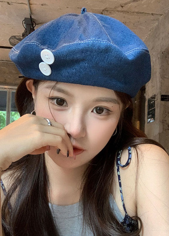 Denim Navy Patchwork Button Beret Hat